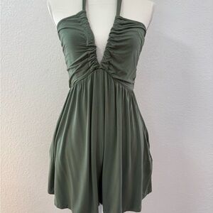 MAHINA Halter Ruched Wide Leg Green Romper Knit Sleeveless size M